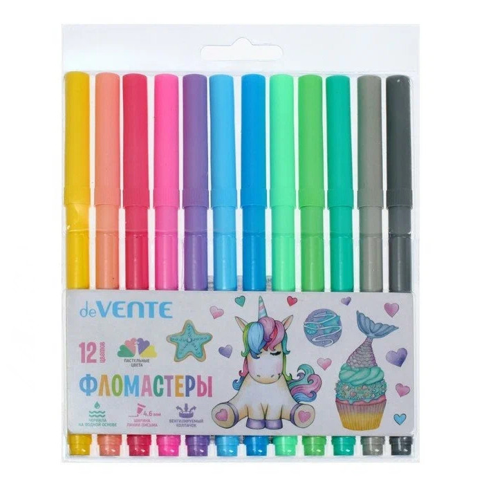 Фломастеры deVENTE 12 цветов Pastel 4,6мм вентиляционный колпачок пластиковый блистер, Разноцветный, 1752801
Фломастеры deVENTE 12 цветов Pastel 4,6мм вентиляционный колпачок пластиковый блистер, Разноцветный, 1752801
