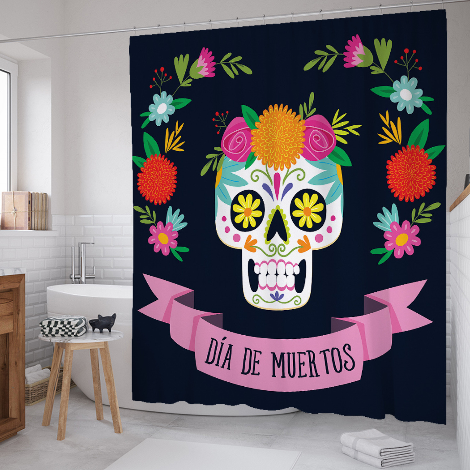 Штора для ванной JoyArty "День Мертвых" из сатена, 180х200 см с крючками, Черный, День Мертвых 
Штора для ванной JoyArty "День Мертвых" из сатена, 180х200 см с крючками, Черный, День Мертвых