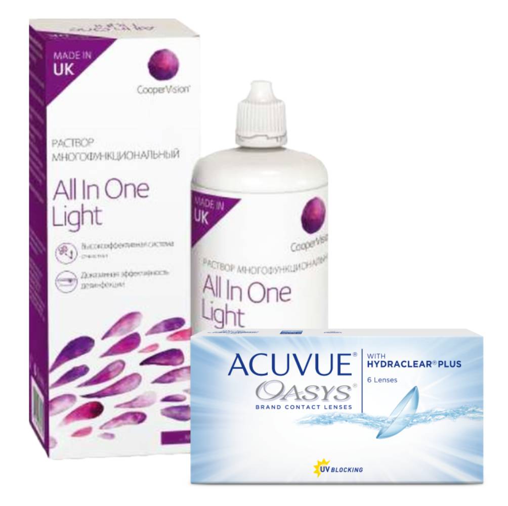 Набор контактные линзы Acuvue Oasys 6 линз R 8.4 -1,50 + All in One Light 360 мл, Oasys with Hydraclear Plus 6 линз + All in One Light 360 мл
Набор контактные линзы Acuvue Oasys 6 линз R 8.4 -1,50 + All in One Light 360 мл, Oasys with Hydraclear Plus 6 линз + All in One Light 360 мл