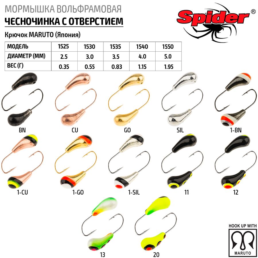 Мормышка вольфрамовая Spider Чесночинка с отверст. краш. 3,0 мм 0,55 гр. 10P 10шт., Разноцветный, Spider Чесночинка с отверстием (модель 15) 3,0 мм крашеная 10шт.
Мормышка вольфрамовая Spider Чесночинка с отверст. краш. 3,0 мм 0,55 гр. 10P 10шт., Разноцветный, Spider Чесночинка с отверстием (модель 15) 3,0 мм крашеная 10шт.