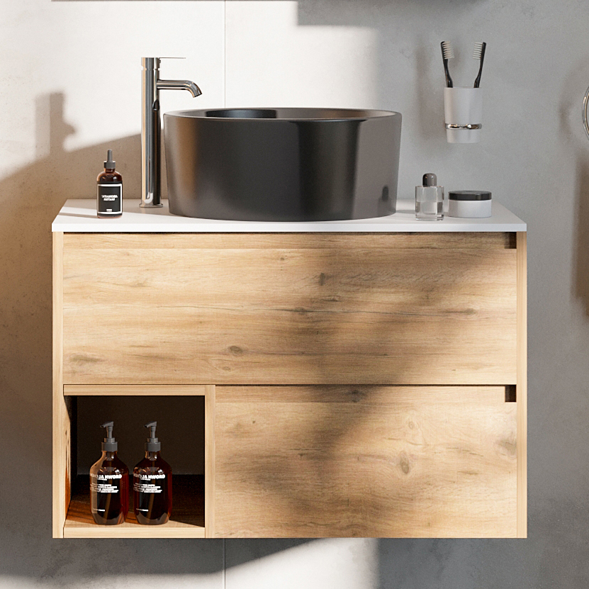 фото Тумба с раковиной stworki карлстад 75 дуб рустикальный, простоун беж, rotenburg 40 черная