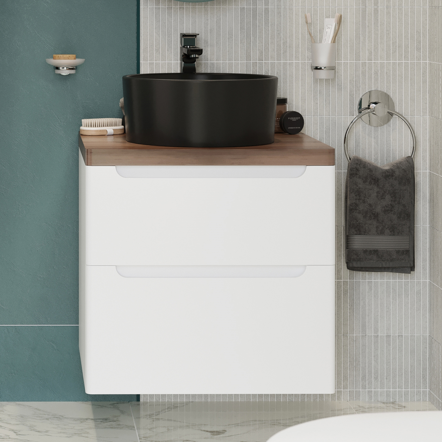 фото Тумба с раковиной stworki берген 60 белая с темной столешницей, rotenburg 40 черная