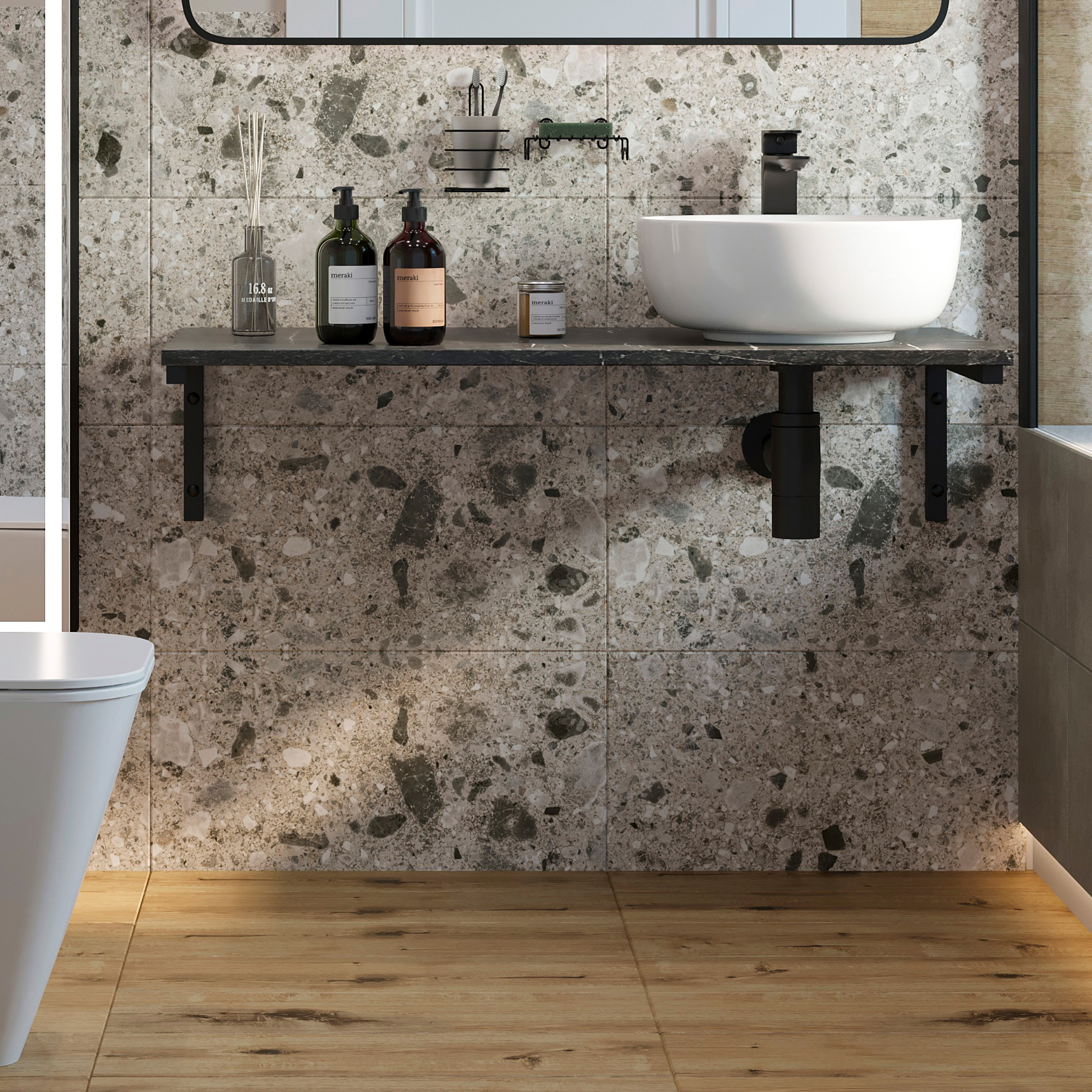 фото Столешница с раковиной diwo элиста 100 чёрный мрамор, с раковиной moduo 40 ring