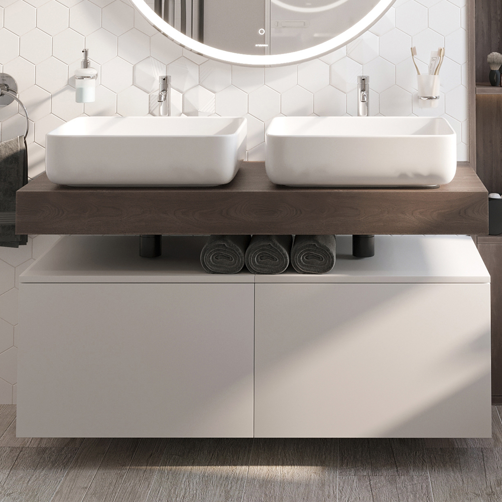 фото Столешница stworki ольборг 120 дуб карпентер, без отверстий, 2 тумбы 60 + 2 раковины stwor