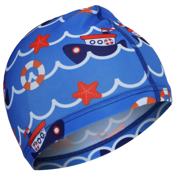 фото Шапочка для плавания детская, «морское путешествие», тканевая, обхват 46-50 см, цвет синий на волне