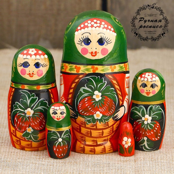 Матрёшка «Земляничка в корзинке», зелёный платок, 5 кукольная, 10 см, ручная работа, Художественная матрёшка
Матрёшка «Земляничка в корзинке», зелёный платок, 5 кукольная, 10 см, ручная работа, Художественная матрёшка