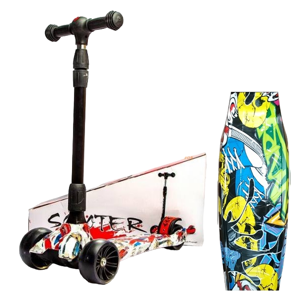 Самокат Scooter MAXI Граффити с подсветкой и музыкой, складной, широкие светящиеся колеса.
Самокат Scooter MAXI Граффити с подсветкой и музыкой, складной, широкие светящиеся колеса.