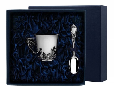 фото Набор чашка кофейная "зайцы"+ ложка из серебра фабрика серебра "аргента"