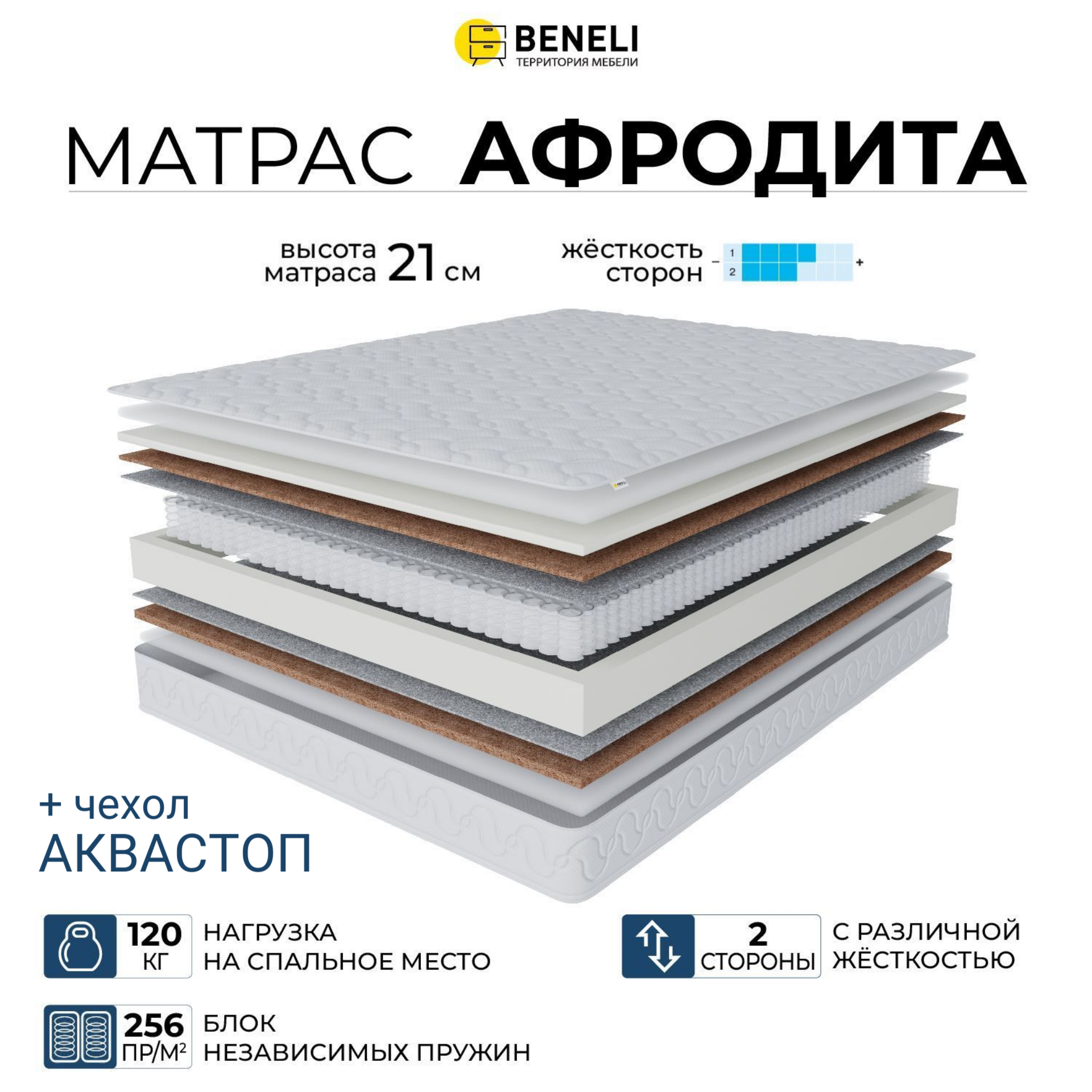 Ортопедический матрас Beneli Афродита + чехол Аквастоп, двусторонний, 80х190, Бежевый;белый, АФРОДИТА
Ортопедический матрас Beneli Афродита + чехол Аквастоп, двусторонний, 80х190, Бежевый;белый, АФРОДИТА