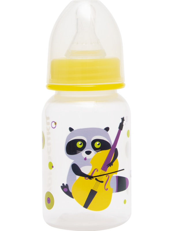 фото Бутылочка курносики с крышкой и силиконовой соской молочной, 125 мл, желтый, еноты