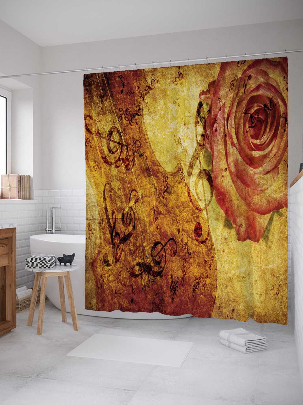 Штора (занавеска) для ванной JoyArty "Цветочная музыка" из сатена, 180х200 см с крючками