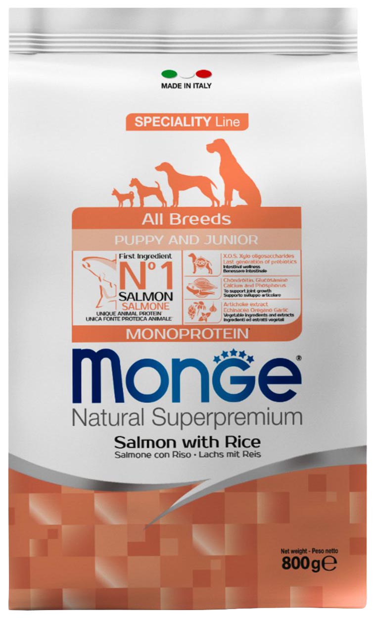 Сухой корм для собак Monge Speciality Puppy&Junior all breeds, лосось, рис, 2 шт по 0,8 кг
Сухой корм для собак Monge Speciality Puppy&Junior all breeds, лосось, рис, 2 шт по 0,8 кг