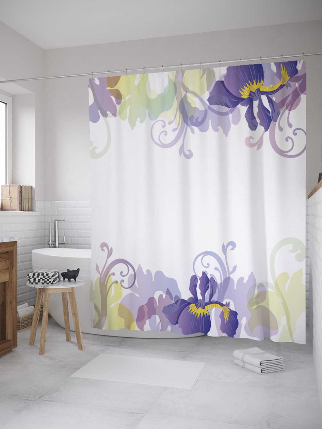 фото Штора (занавеска) для ванной joyarty "композиция ириса" из сатена, 180х200 см с крючками