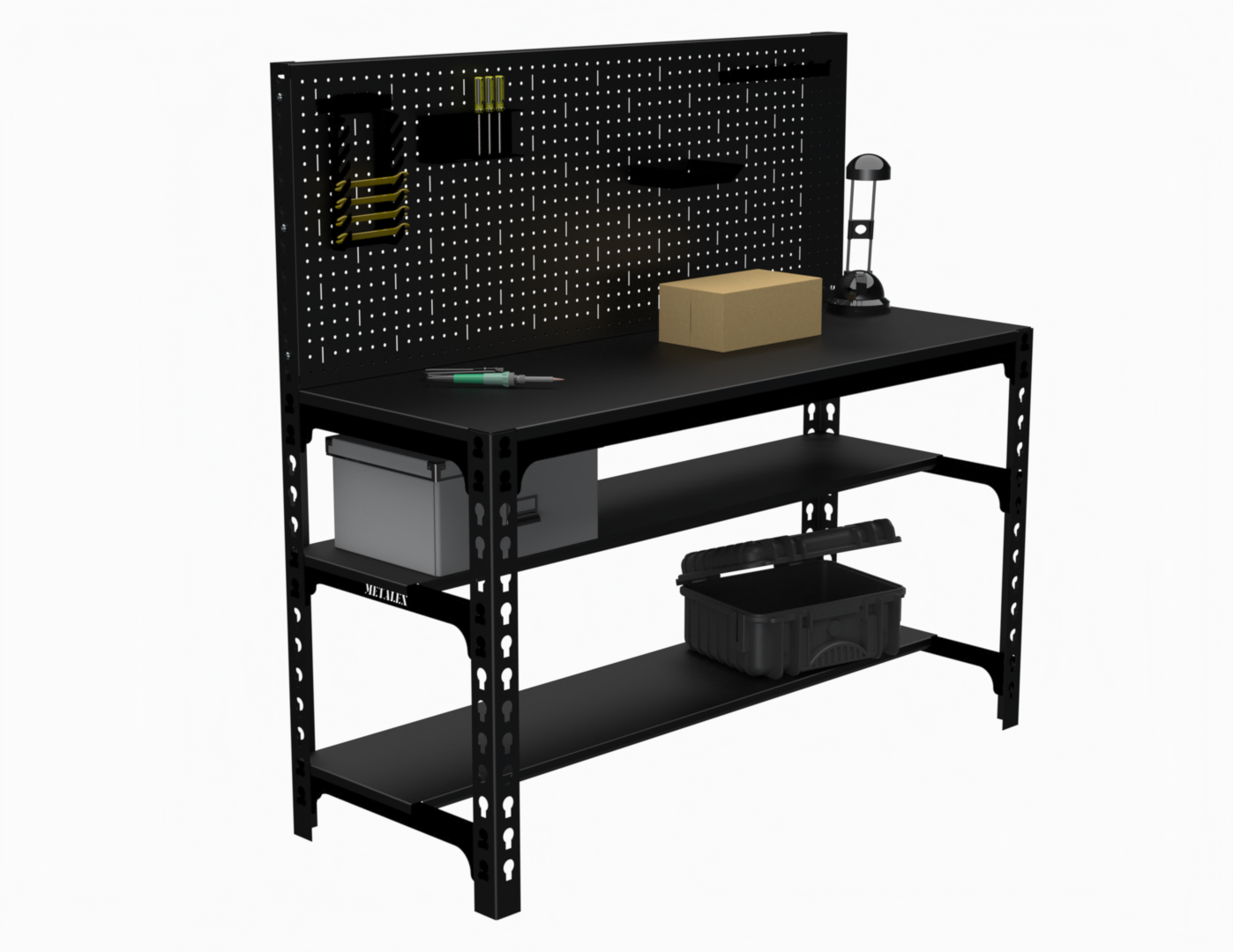 Стол металлический Metalex 750х1200х400 + две полки + перфопанель с комплектом аксессуаров
Стол металлический Metalex 750х1200х400 + две полки + перфопанель с комплектом аксессуаров