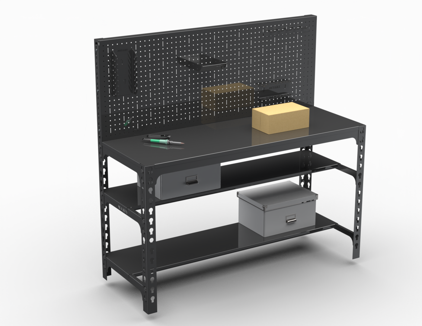 Стол металлический Metalex 750х1400х600 + две полки + перфопанель с комплектом аксессуаров
Стол металлический Metalex 750х1400х600 + две полки + перфопанель с комплектом аксессуаров