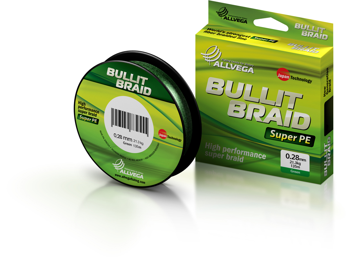 фото Леска плетеная allvega bullit braid 0,28 мм, 135 м, 21,3 кг, green