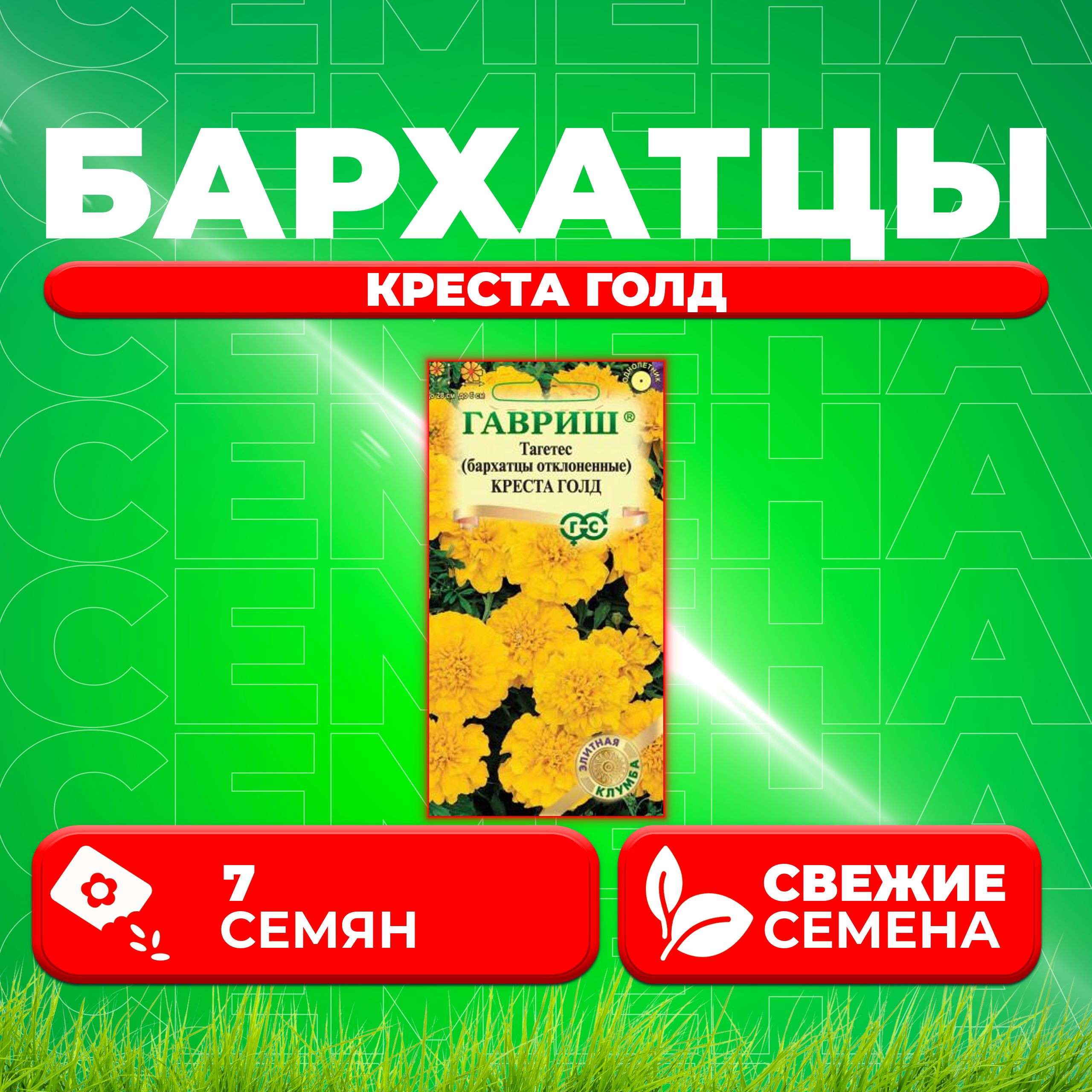 Семена Бархатцы отклоненные (тагетес) "Креста Голд", 7шт, Гавриш, Элитная клумба (1 уп)
Семена Бархатцы отклоненные (тагетес) "Креста Голд", 7шт, Гавриш, Элитная клумба (1 уп)