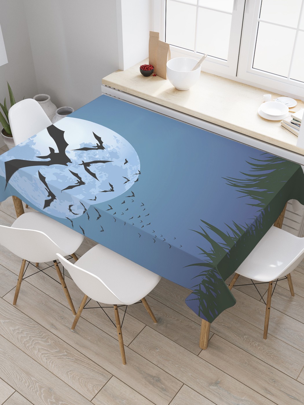 Скатерть прямоугольная JoyArty "Летучая мышь на фоне луны" из сатена, 120x145 см, Синий, Летучая мышь на фоне луны