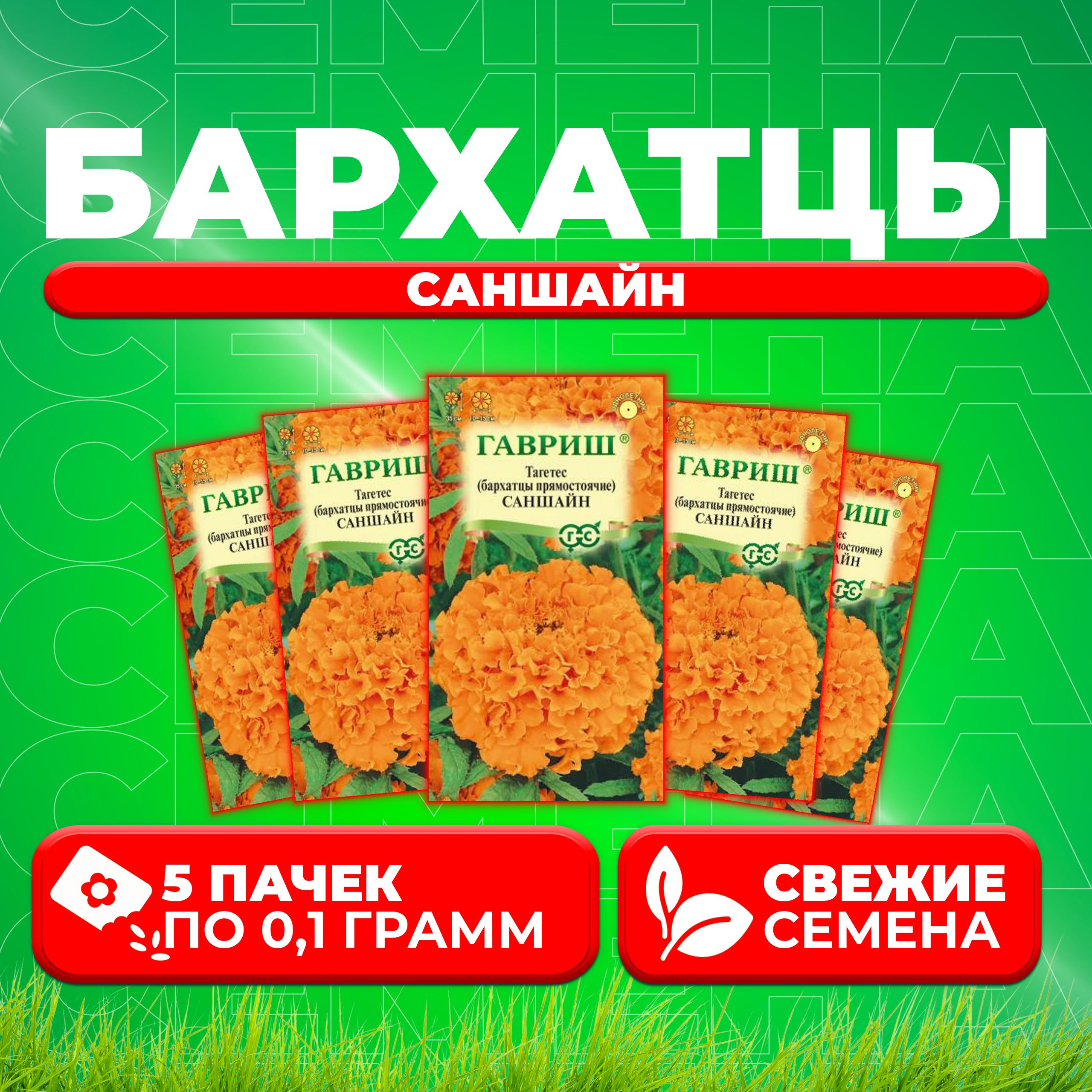 Семена Бархатцы прямостоячие (тагетес) Саншайн, 0,1г, Гавриш, Цветочная коллекция (5 уп)
Семена Бархатцы прямостоячие (тагетес) Саншайн, 0,1г, Гавриш, Цветочная коллекция (5 уп)