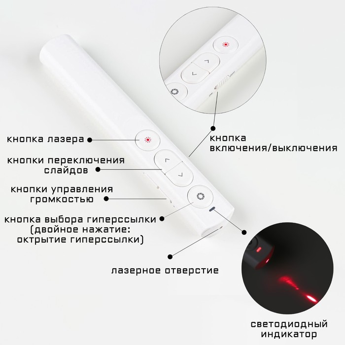 Лазерная указка-презентер, ААА, 2.4 G 30 метров, 650 нм, дальность лазера 200 м, белая
Лазерная указка-презентер, ААА, 2.4 G 30 метров, 650 нм, дальность лазера 200 м, белая