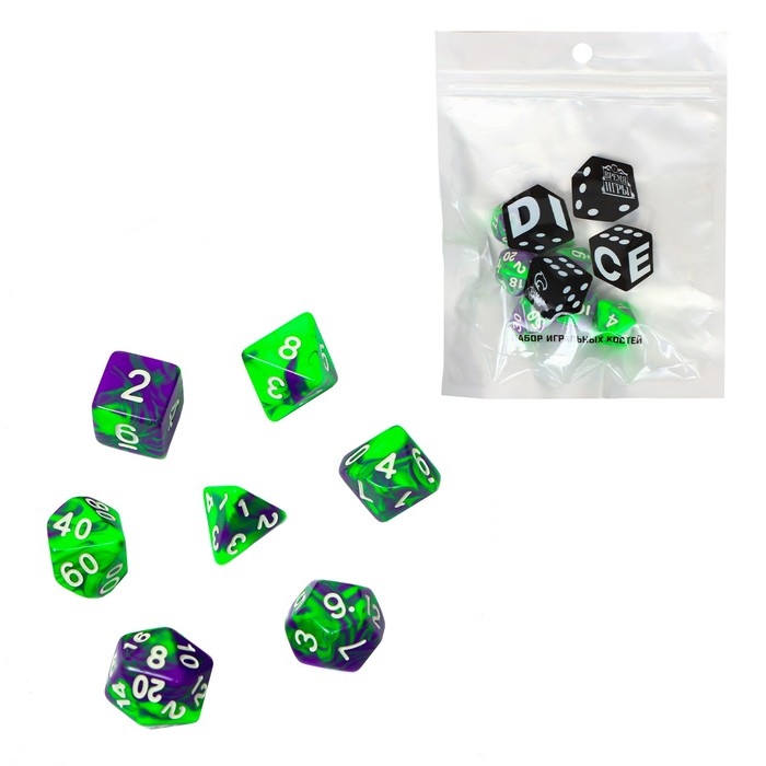 Набор кубиков для D&D (Dungeons and Dragons, ДнД) "Время игры. Нефрит", серия: D&D, 7 шт, Фиолетовый;зеленый
Набор кубиков для D&D (Dungeons and Dragons, ДнД) "Время игры. Нефрит", серия: D&D, 7 шт, Фиолетовый;зеленый