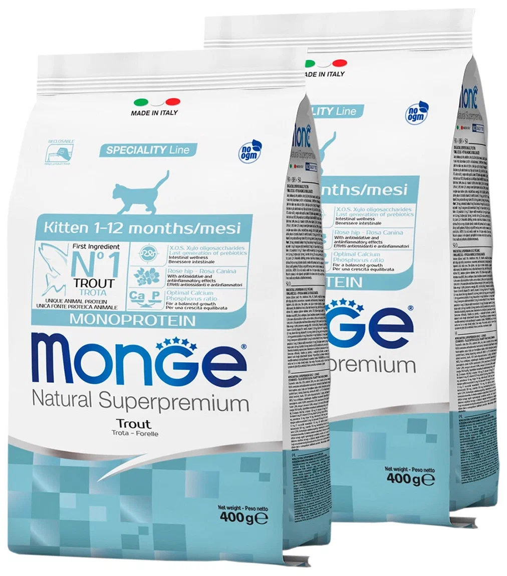 Сухой корм для котят Monge Speciality Monoprotein монобелковый с форелью, 2 шт по 0,4 кг, MONGE SPECIALITY MONOPROTEIN KITTEN TROUT монобелковый для котят с форелью (0,4 + 0,4 кг)
Сухой корм для котят Monge Speciality Monoprotein монобелковый с форелью, 2 шт по 0,4 кг, MONGE SPECIALITY MONOPROTEIN KITTEN TROUT монобелковый для котят с форелью (0,4 + 0,4 кг)