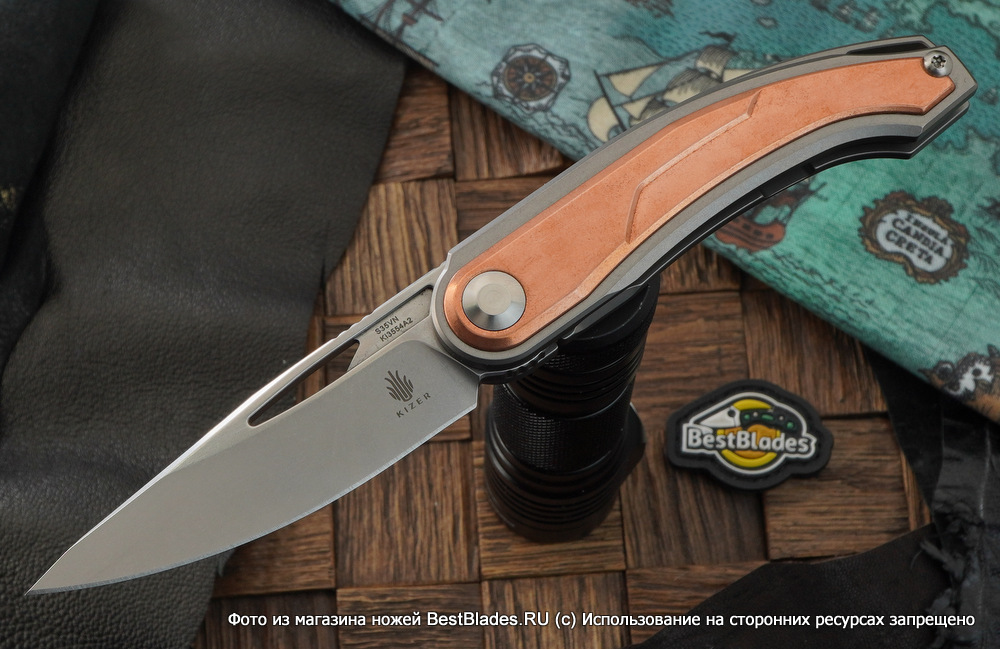 фото Складной нож kizer knives apus сталь s35vn, медь/титан
