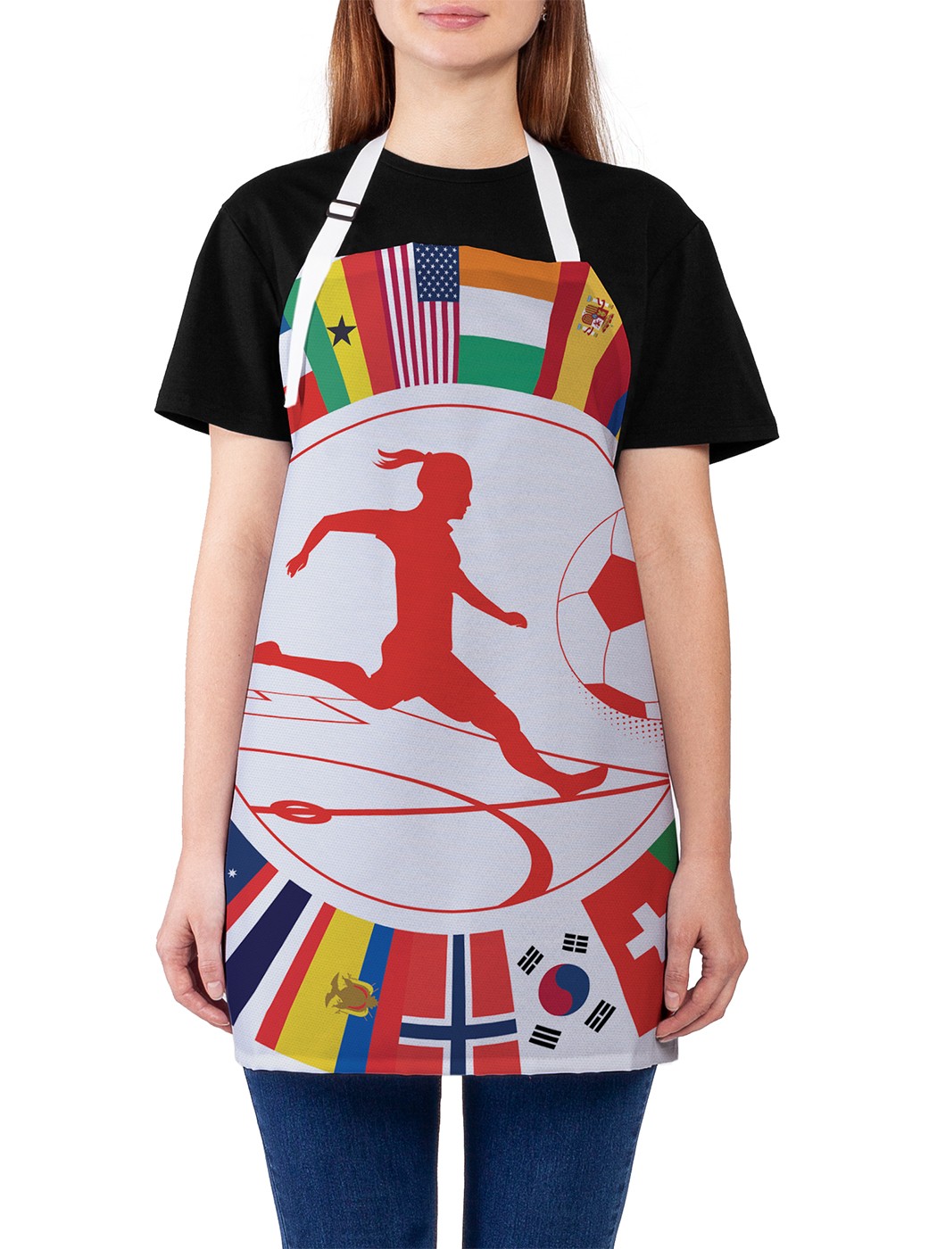 фото Фартук женский joyarty для готовки "футболист и флаги", универсальный размер