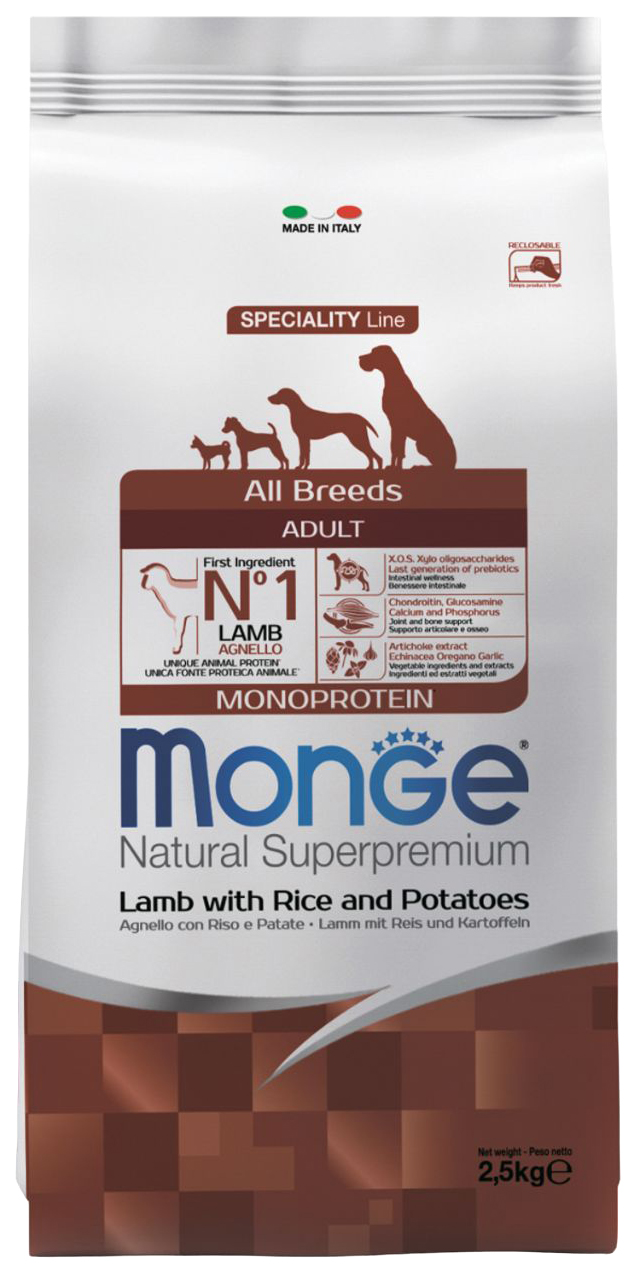 Сухой корм для собак Monge Adult all breeds, ягненок, картофель, рис, 4 шт по 2,5 кг
Сухой корм для собак Monge Adult all breeds, ягненок, картофель, рис, 4 шт по 2,5 кг