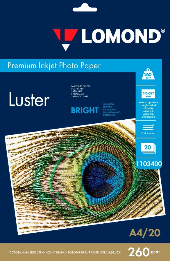 Фотобумага Lomond 1103400 260 г/м2, А4, Luster Bright Матовый Сатин, 20 листов, Белый, 1103400
Фотобумага Lomond 1103400 260 г/м2, А4, Luster Bright Матовый Сатин, 20 листов, Белый, 1103400