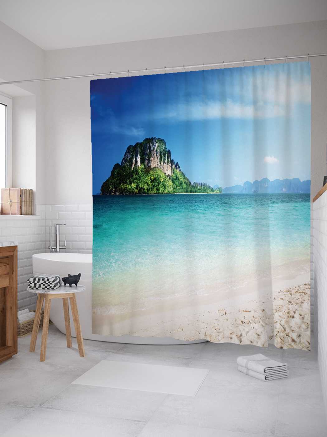 Штора для ванной JoyArty "Загадочный каменный остров" из сатена, 180х200 см с крючками, Синий 
Штора для ванной JoyArty "Загадочный каменный остров" из сатена, 180х200 см с крючками, Синий