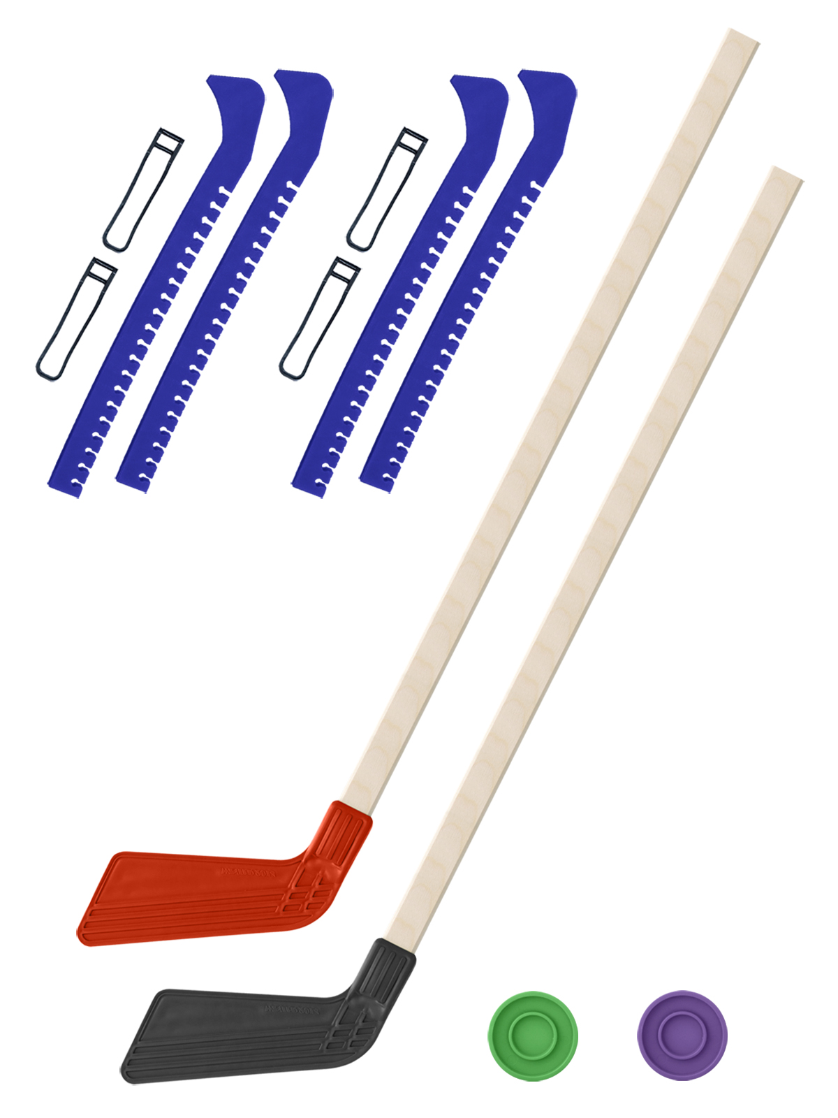фото Хоккейный набор задира-плюс 2 клюшки крас. и чер.80см+2 шайбы+чехлы для коньков син 2шт