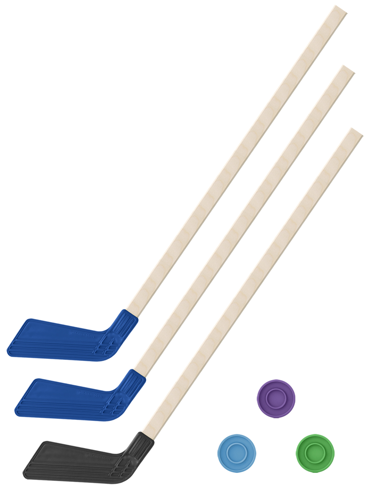 фото Хоккейный набор 3 в 1 клюшки хоккейных 80 см. (2 синих, 1 черная) + 3 шайбы задира-плюс