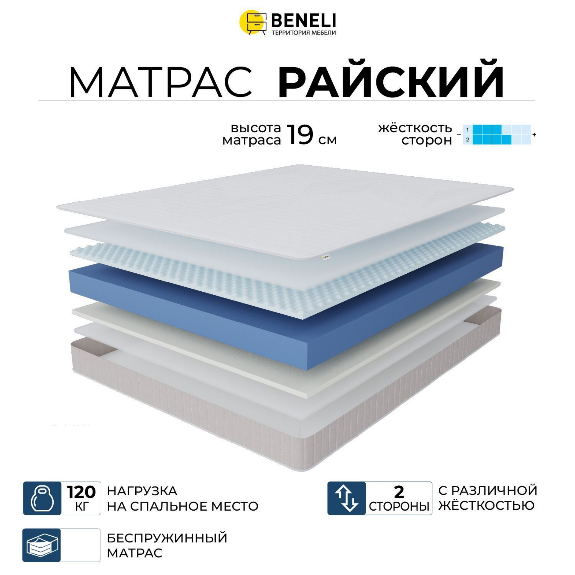 Ортопедический матрас Beneli Райский, беспружинный, эффект памяти, 120х190, Белый, РАЙСКИЙ_стандарт
Ортопедический матрас Beneli Райский, беспружинный, эффект памяти, 120х190, Белый, РАЙСКИЙ_стандарт