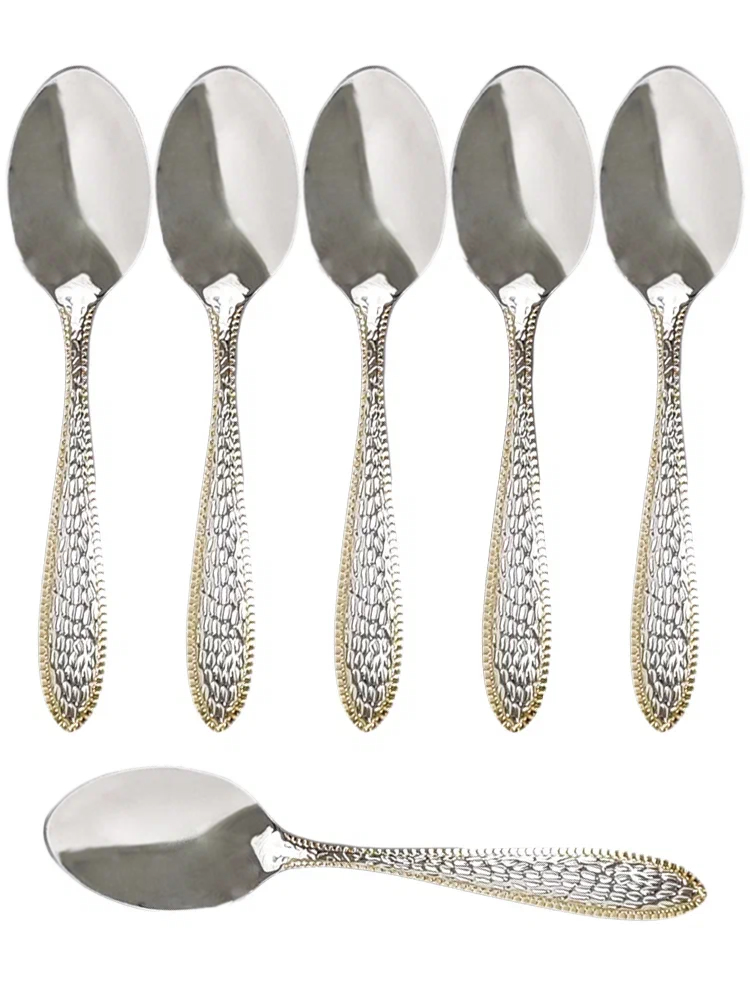фото Ложки чайные с рельефным узором, 15 см, серебристые с золотистым узором, набор из 6 шт urm