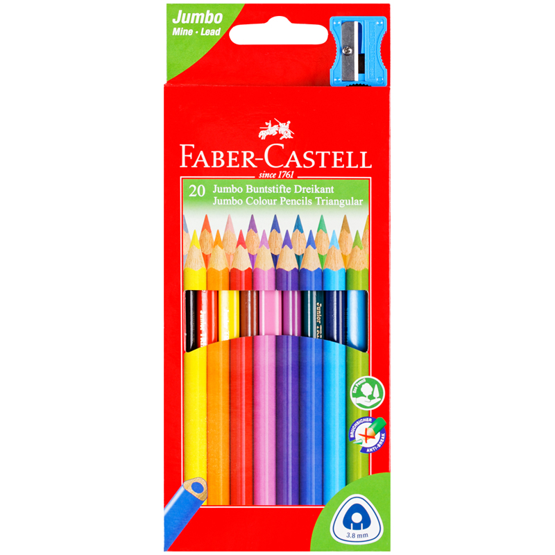 Карандаши цветные Faber-Castell Jumbo 20 цветов трехгранные с точилкой, Белый;голубой;желтый;зеленый;коричневый;красный;оранжевый;розовый;серый;синий;фиолетовый;черный 
Карандаши цветные Faber-Castell Jumbo 20 цветов трехгранные с точилкой, Белый;голубой;желтый;зеленый;коричневый;красный;оранжевый;розовый;серый;синий;фиолетовый;черный