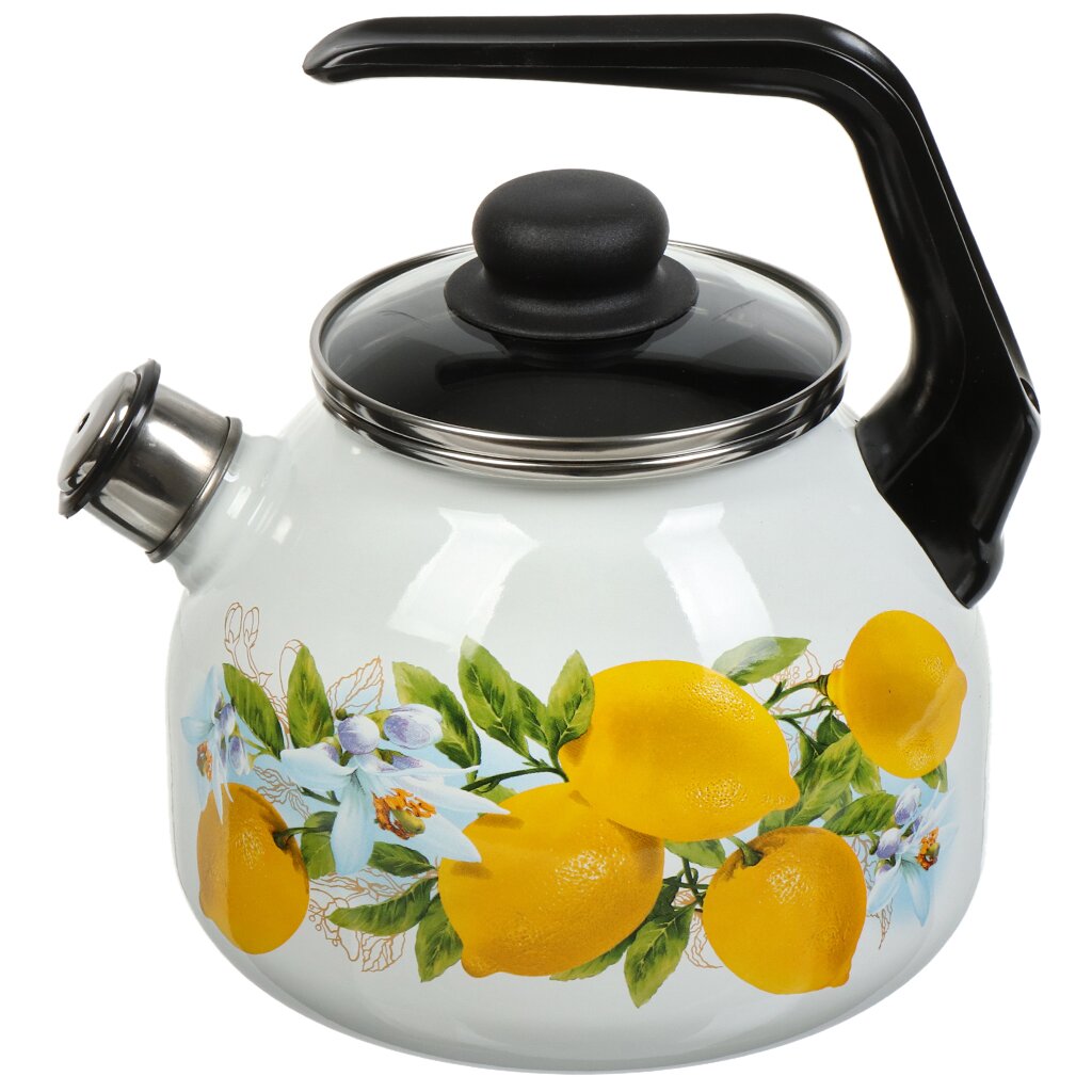фото Чайник 3 л со свистком с пластиковой кнопкой сибирские товары лимоны индукция белый с2717.