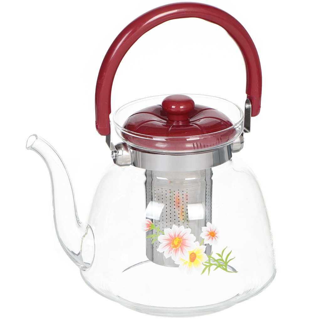 фото Чайник заварочный стекло, пластик, 1.6 л, с ситечком, цветы, y6-2558 nobrand