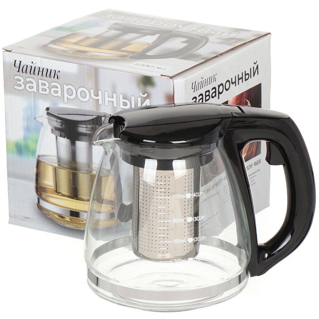 фото Чайник заварочный стекло, пластик, 1.2 л, с ситечком, 329889, черный nobrand
