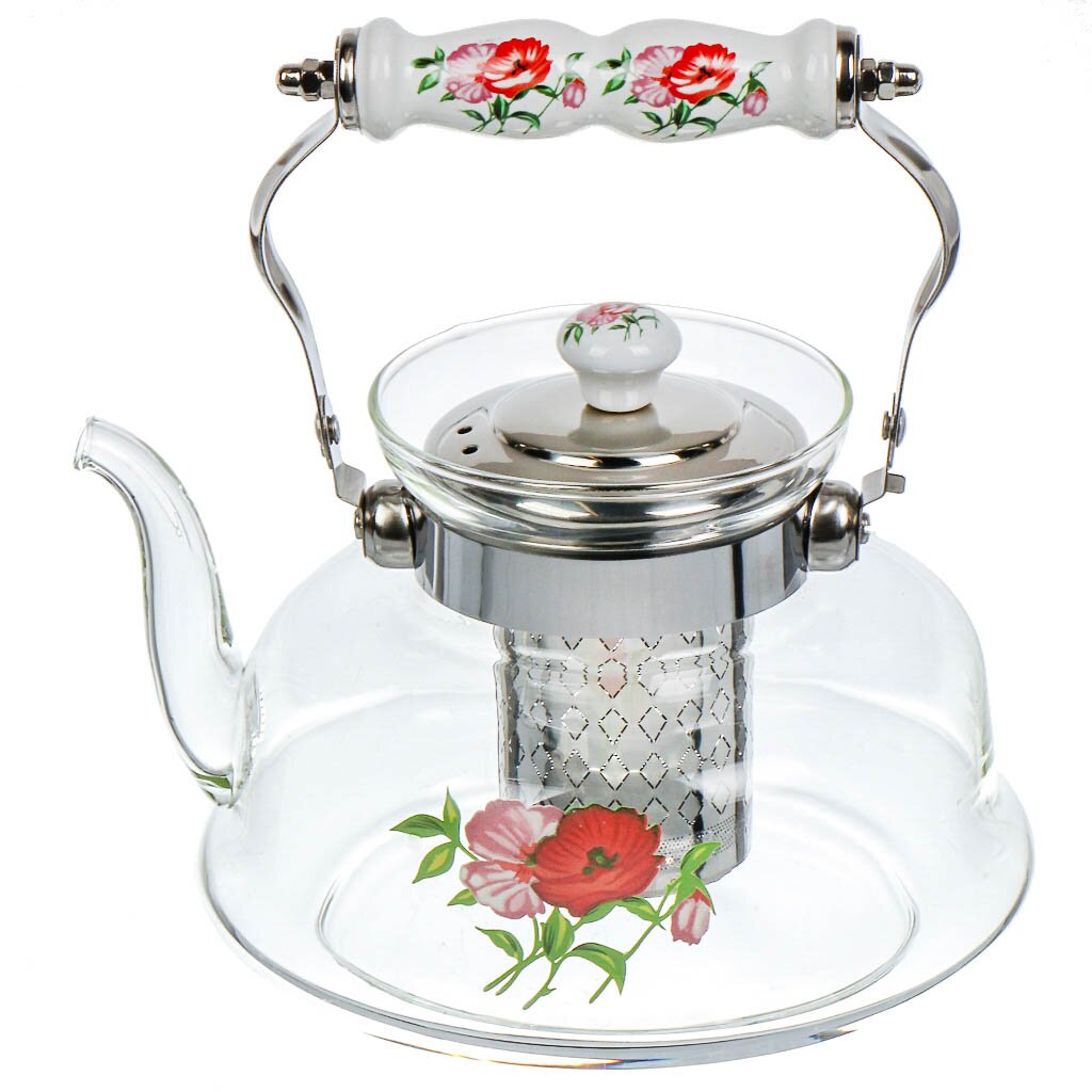 фото Чайник заварочный стекло, 1.4 л, с ситечком, маки, y4-6451 nobrand