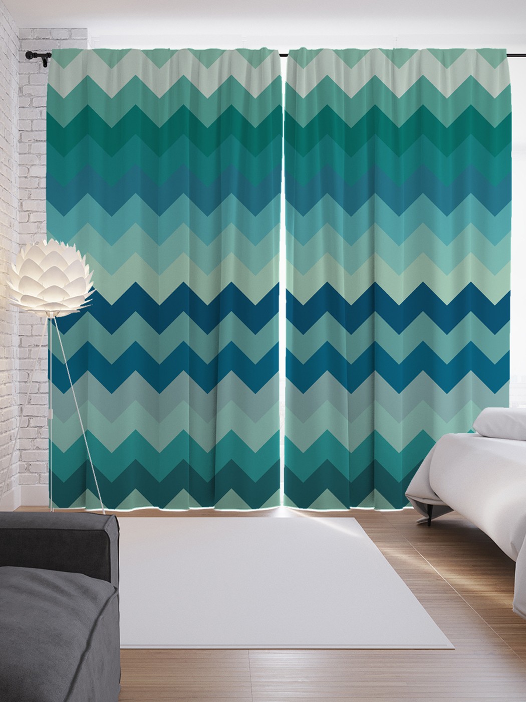 фото Шторы с фотопечатью "зигзаги прохлады" из сатена, 290х265 см joyarty