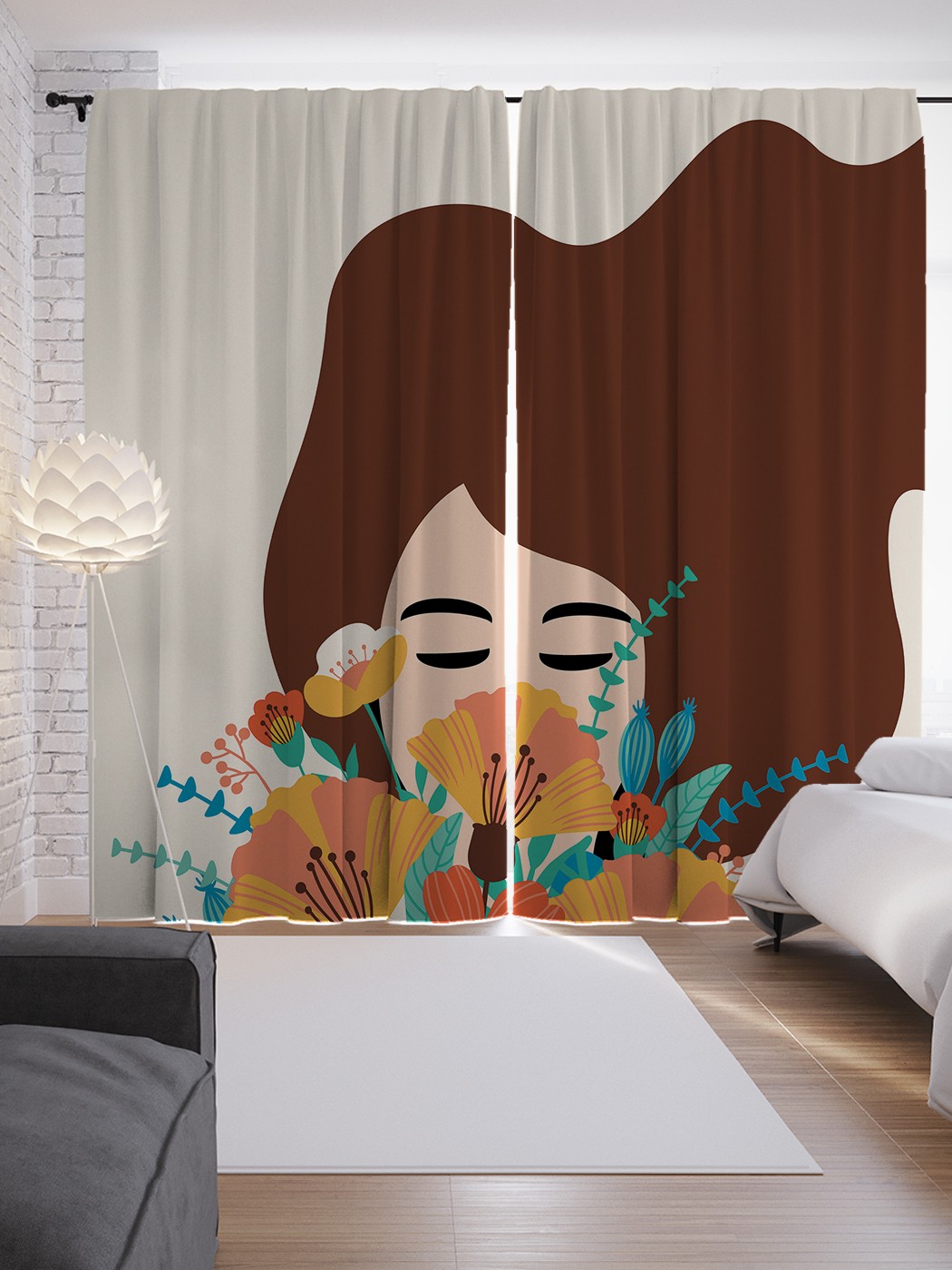 фото Шторы с фотопечатью "девушка с букетом" из сатена, 290х265 см joyarty