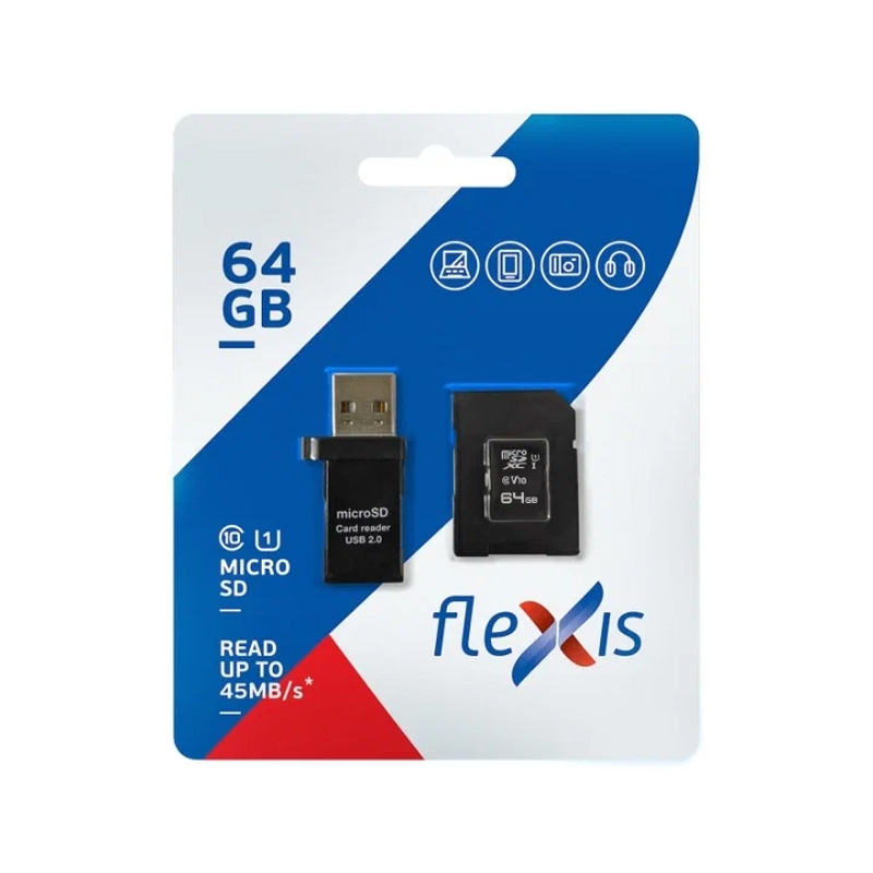 Карта памяти 64Gb - Flexis Micro Secure Digital XC Cl10 U1 FX64GMSDXCU1 c адаптером и USB
Карта памяти 64Gb - Flexis Micro Secure Digital XC Cl10 U1 FX64GMSDXCU1 c адаптером и USB