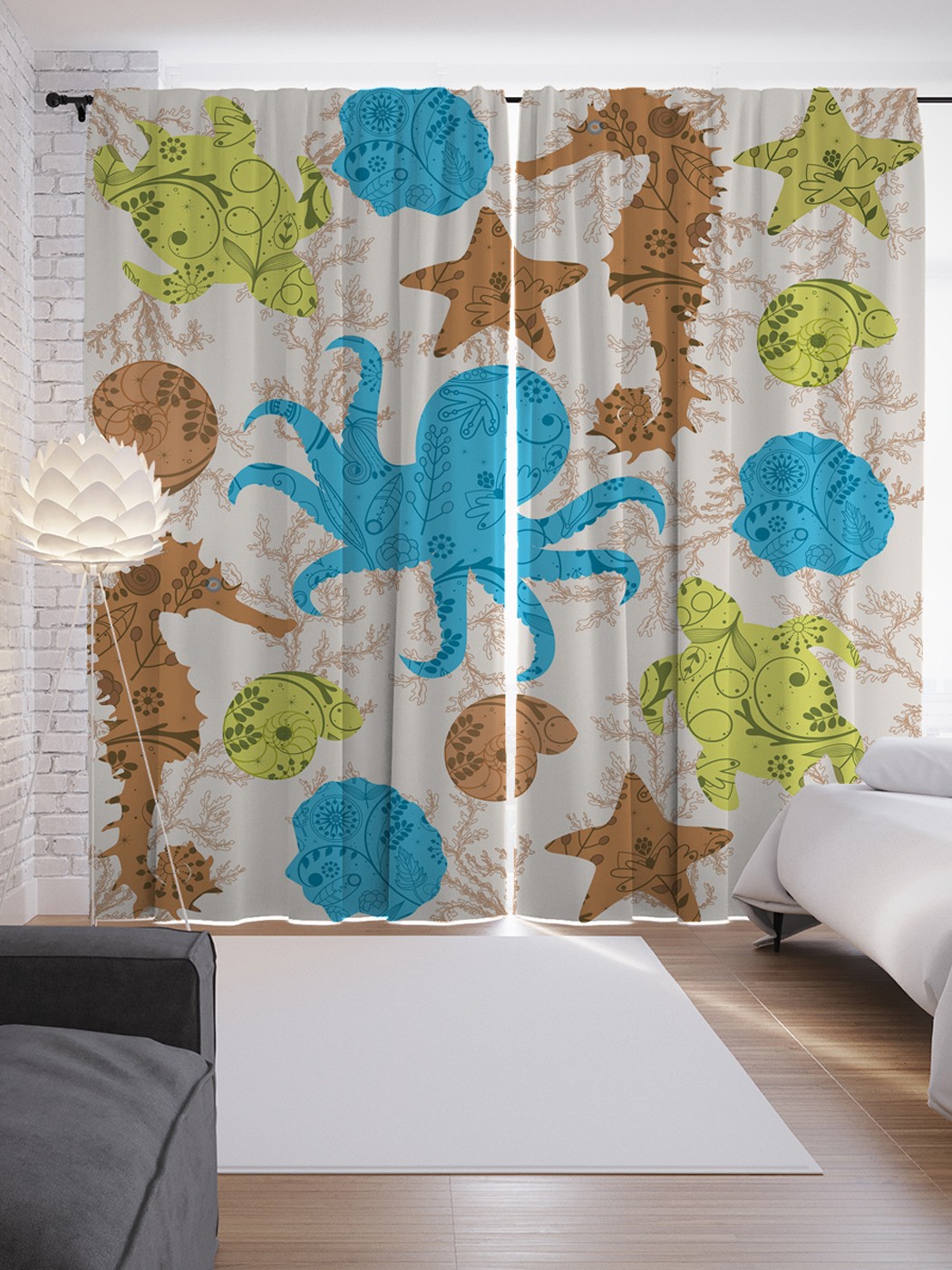 фото Шторы с фотопечатью "осьминоги, морские коньки,ракушки" из сатена, 290х265 см joyarty