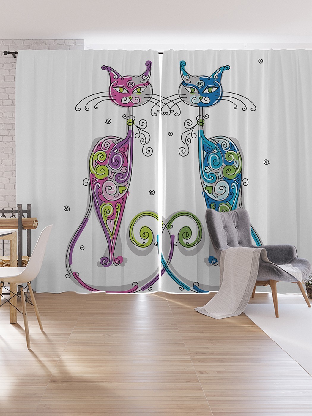 фото Шторы под лён joyarty "кошачья комбинация", серия oxford delux, 340х265 см