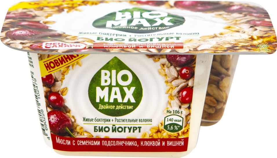 Биойогурт Bio-Max со смесью из мюсли и семян подсолнечника с клюквой и вишней 2.9% 106г
Биойогурт Bio-Max со смесью из мюсли и семян подсолнечника с клюквой и вишней 2.9% 106г