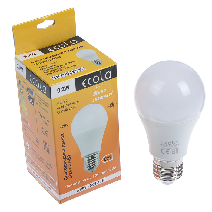 Лампа светодиодная Ecola Light classic, А60, E27, 9.2 Вт, 4000 K, 110x60 мм, матовый шар
Лампа светодиодная Ecola Light classic, А60, E27, 9.2 Вт, 4000 K, 110x60 мм, матовый шар