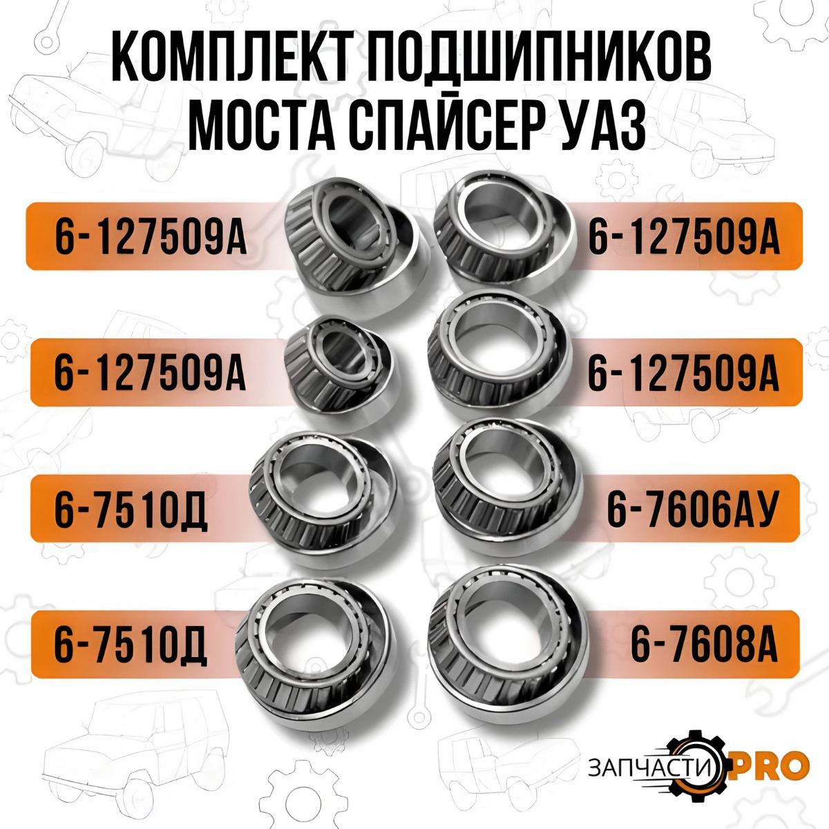 Комплект подшипников для моста Спайсер УАЗ (8 шт.) 6-7608А, 6-7606АУ, 6-127509АК, 6У-7510А
Комплект подшипников для моста Спайсер УАЗ (8 шт.) 6-7608А, 6-7606АУ, 6-127509АК, 6У-7510А