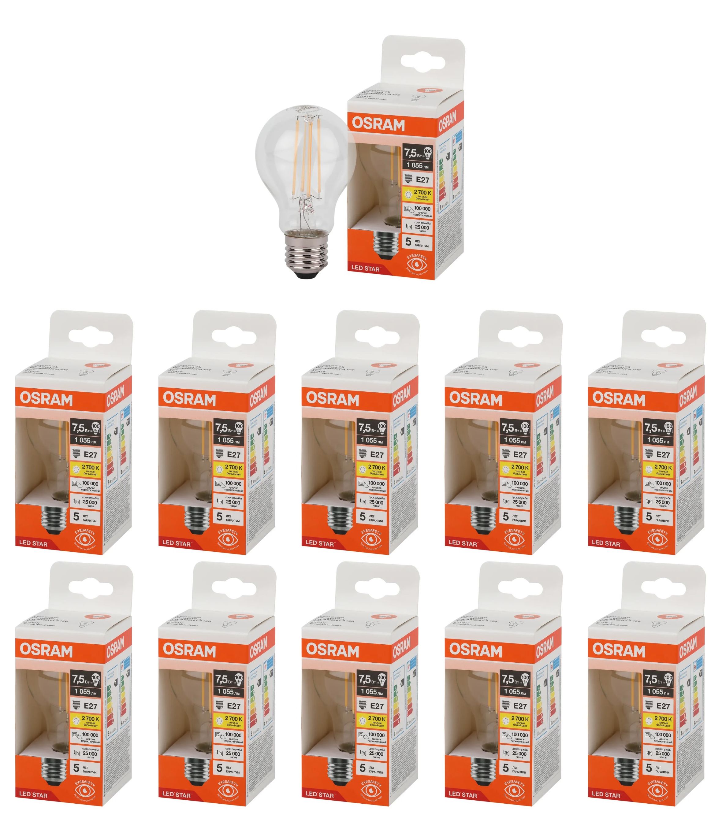 Лампочка светодиодная Osram филаментная стекло A E27 7,5Вт 220В 2700К Теплый белый 10шт, Филамент стекло Груша A E27 7,5Вт 220В 2700К
Лампочка светодиодная Osram филаментная стекло A E27 7,5Вт 220В 2700К Теплый белый 10шт, Филамент стекло Груша A E27 7,5Вт 220В 2700К