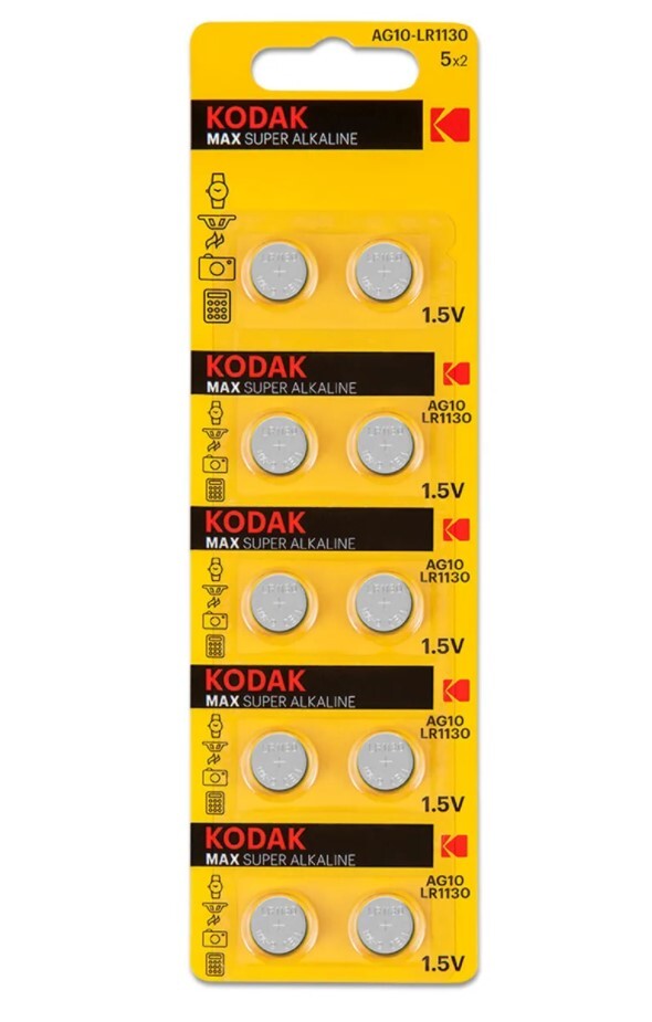 Батарейка Kodak AG10 / G10 / LR1130 / LR54 / SR54 / 389A / 390 / 189 Alkaline 1.5 V (10 шт
Батарейка Kodak AG10 / G10 / LR1130 / LR54 / SR54 / 389A / 390 / 189 Alkaline 1.5 V (10 шт